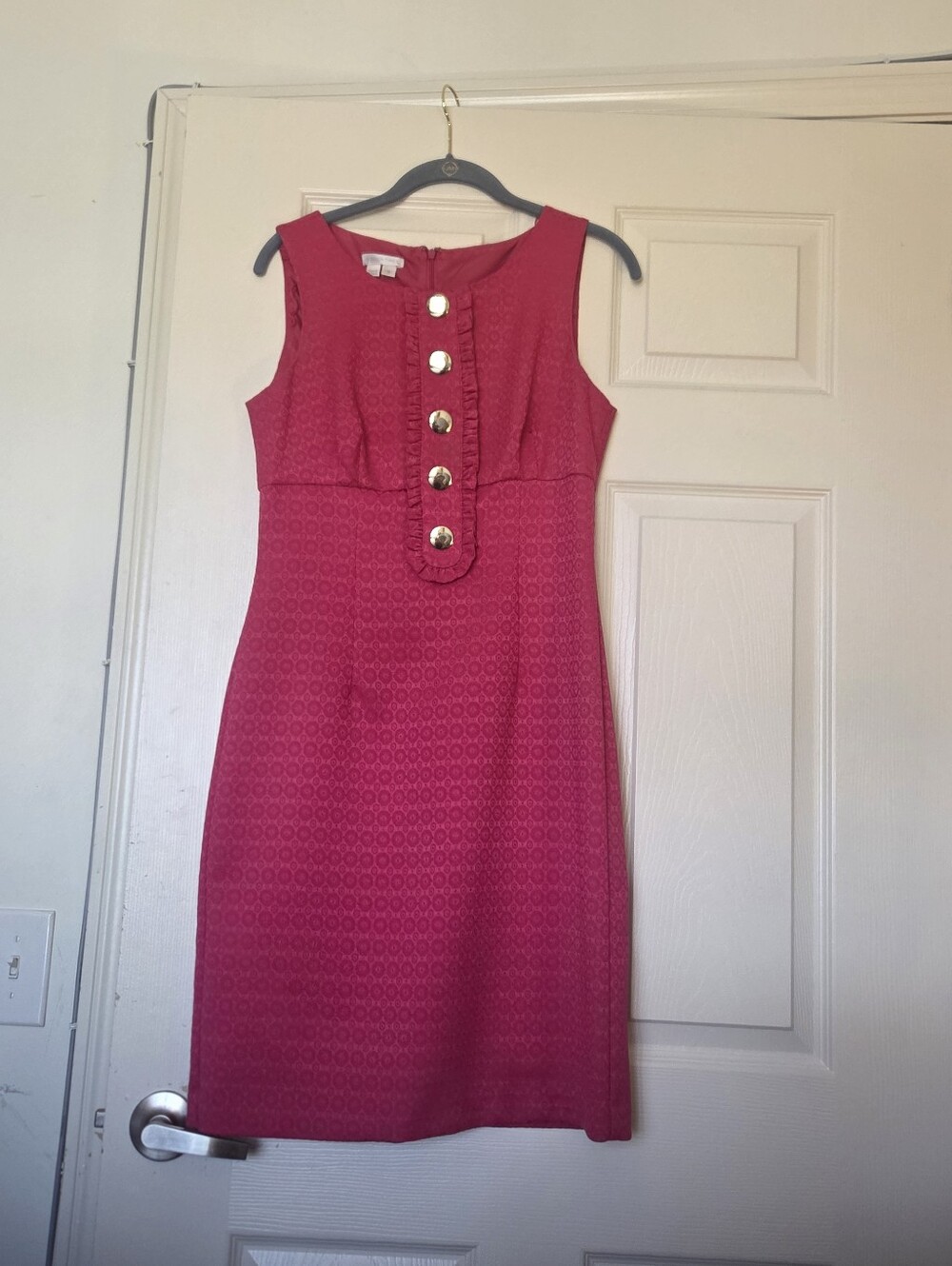London Times Hot Pink Sleeveless Sheath Dress with Gold Buttons